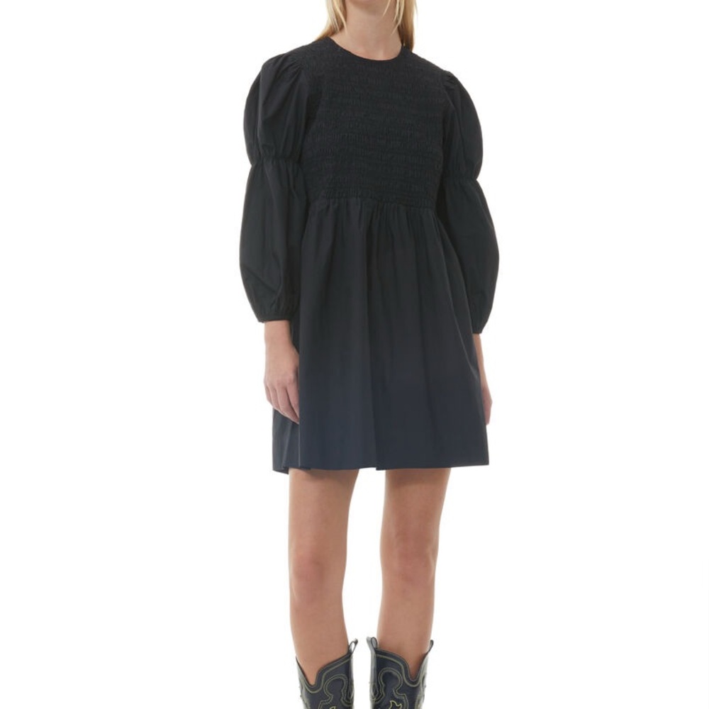 GANNI Black Cotton Poplin Mini Smock Dress Sz 42 L Back Buttons Long Puff Sleeve